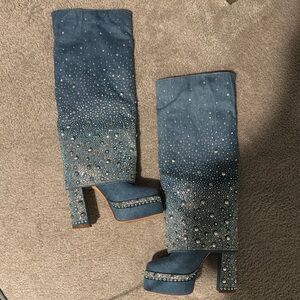 Blue Rhinestone Embellished Knee-High Boots